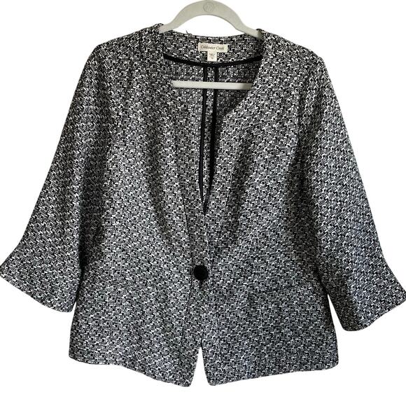 Coldwater Creek Tweed Blazer Jacket Sz 16 Black White 3/4 Sleeves Button Detail - Picture 1 of 12